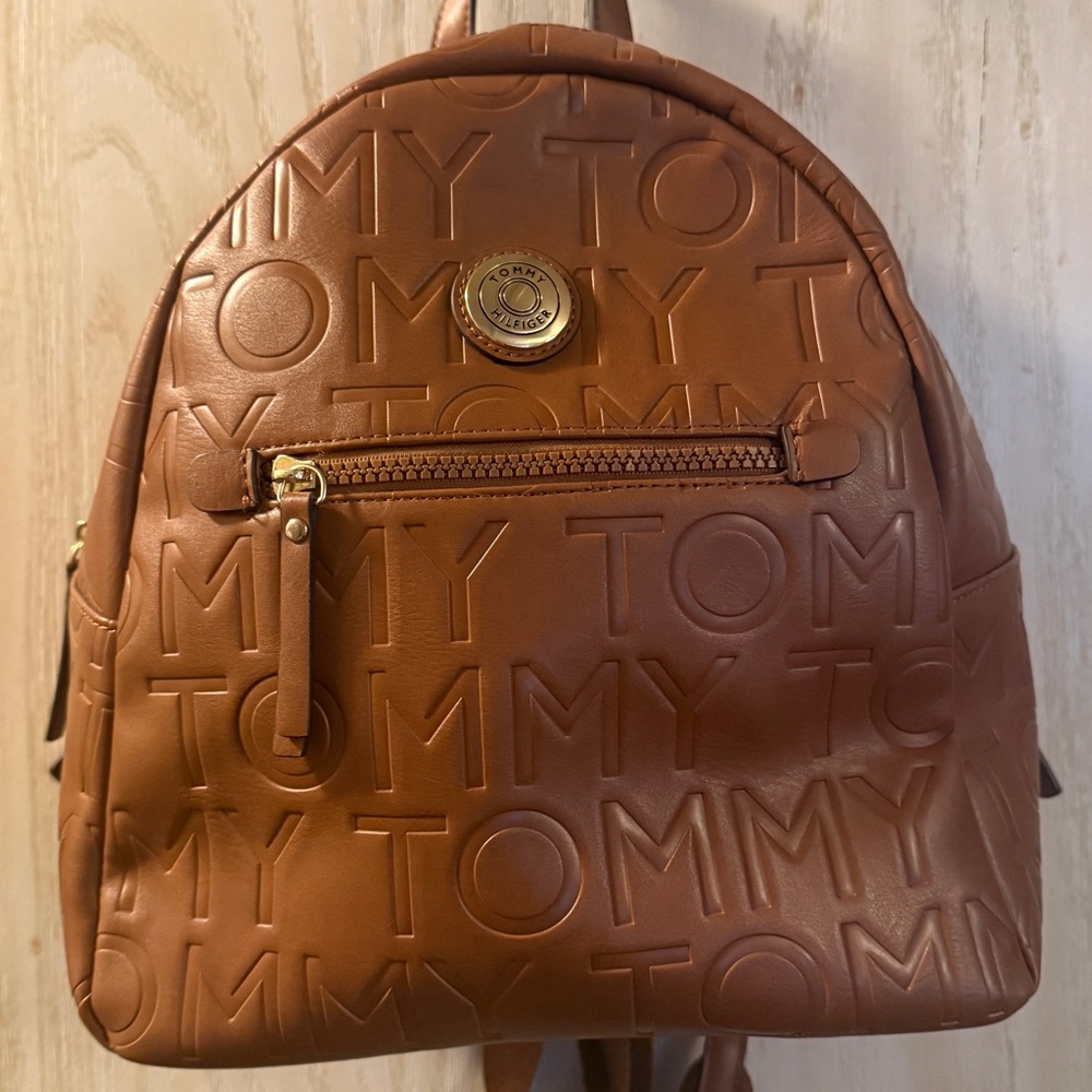 Tommy Hilfiger Embossed Logo Brown Backpack with Gold Accent